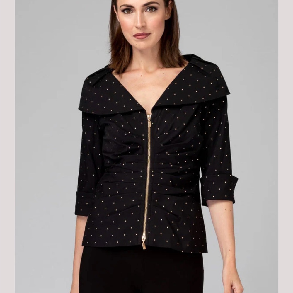 JOSEPH RIBKOFF JACKET Black Zip-Up Top Gold Polka Dots off the shoulder NWOT 16
